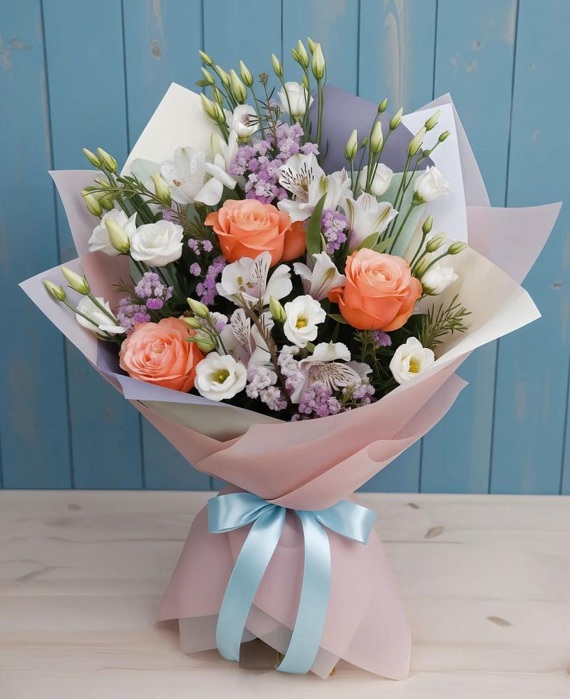 Букет цветов из: Лизиантусы, Розы, Альстромерии и Гипсофила в Инском