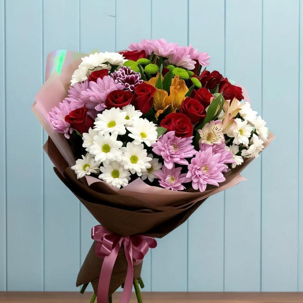 Букет цветов из: Розы, Хризантемы и Альстромерии в Инском