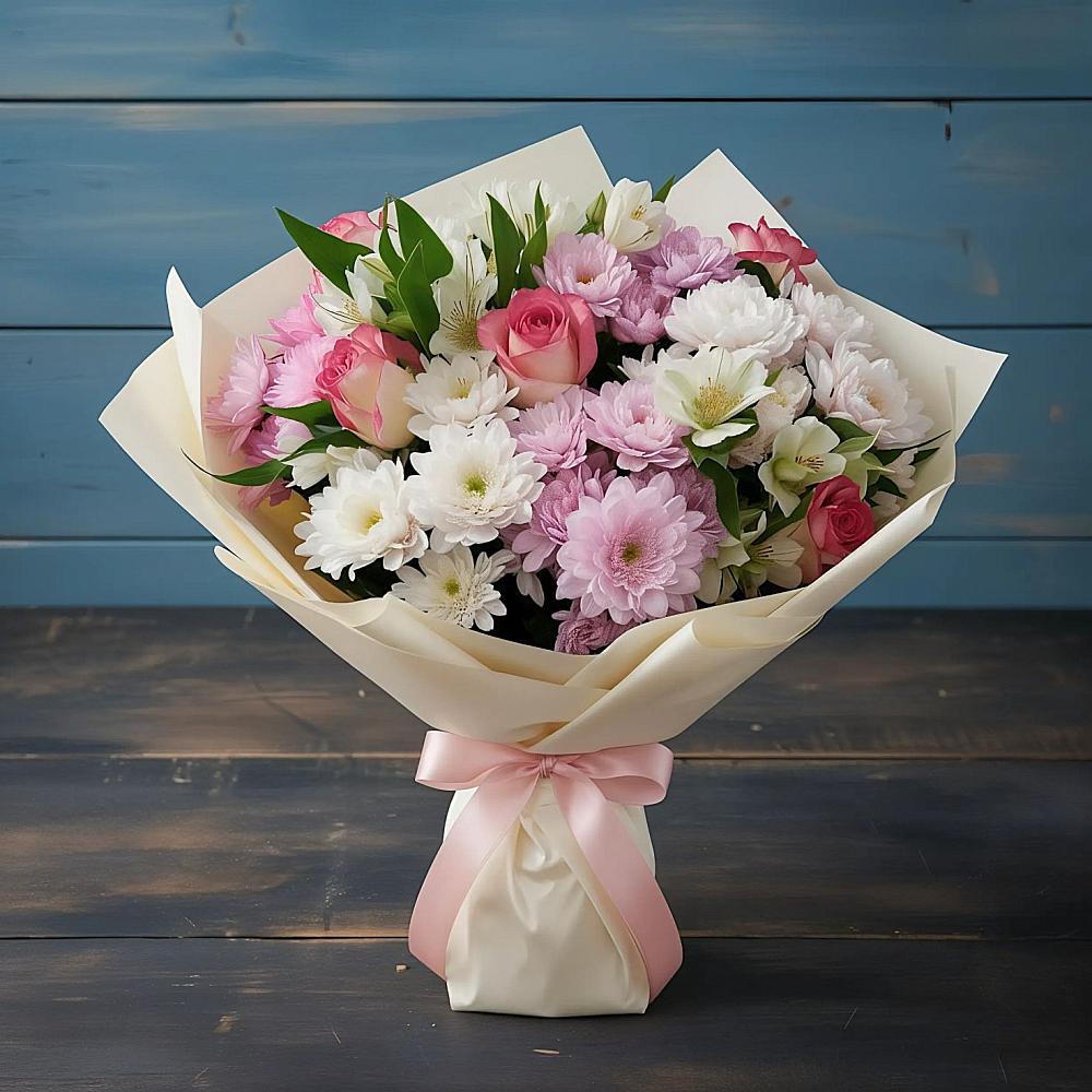 Букет цветов из: Хризантемы, Альстромерии и Розы в Инском